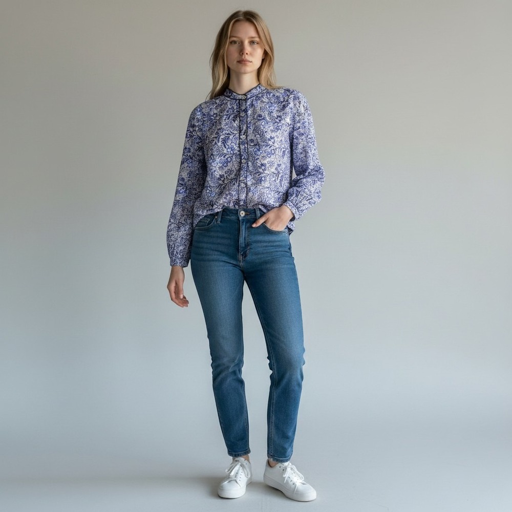 Evereve Blue Floral Cotton Blouse S Boho Cottagecore Balloon Sleeve Peasant Top